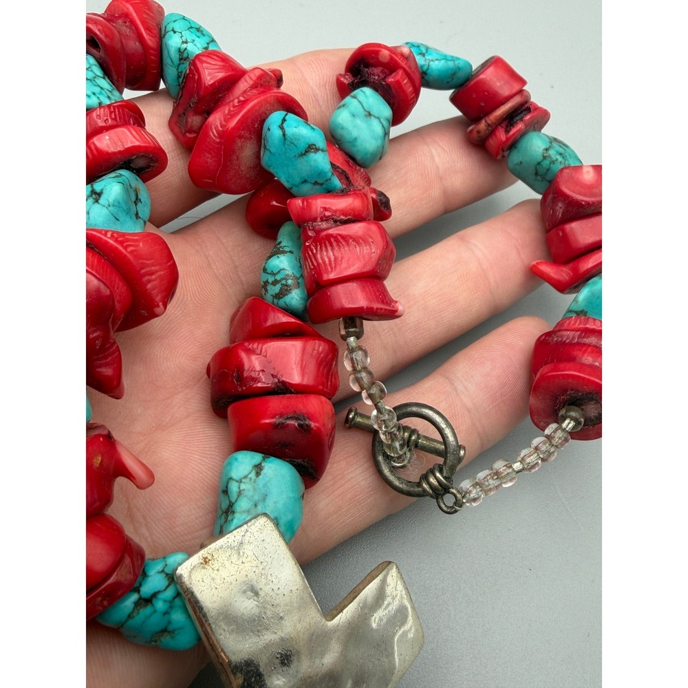 Vntg Red Coral Turquoise Nugget Necklace Large Cross Pendant Southwestern #1155 - Picture 4 of 7